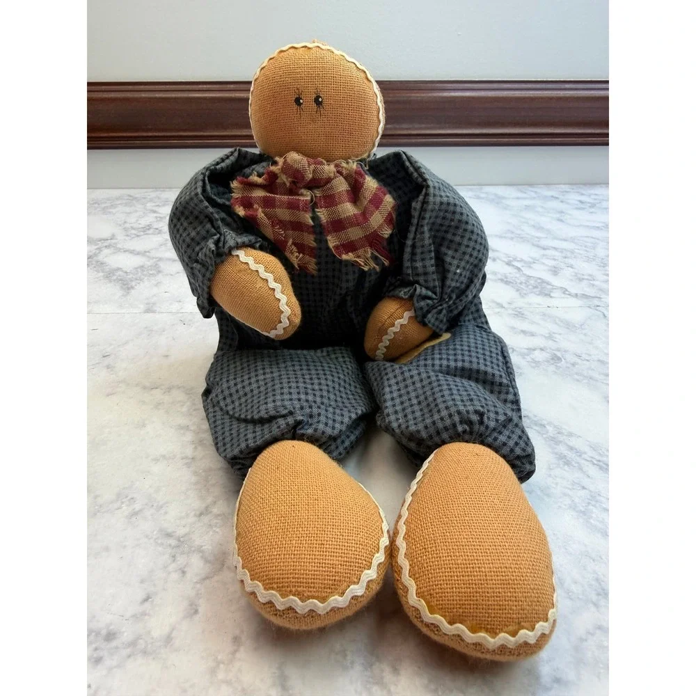Primitive Gingerbread Man Fabric Doll 11 Inch Rustic Farmhouse Christmas Decor